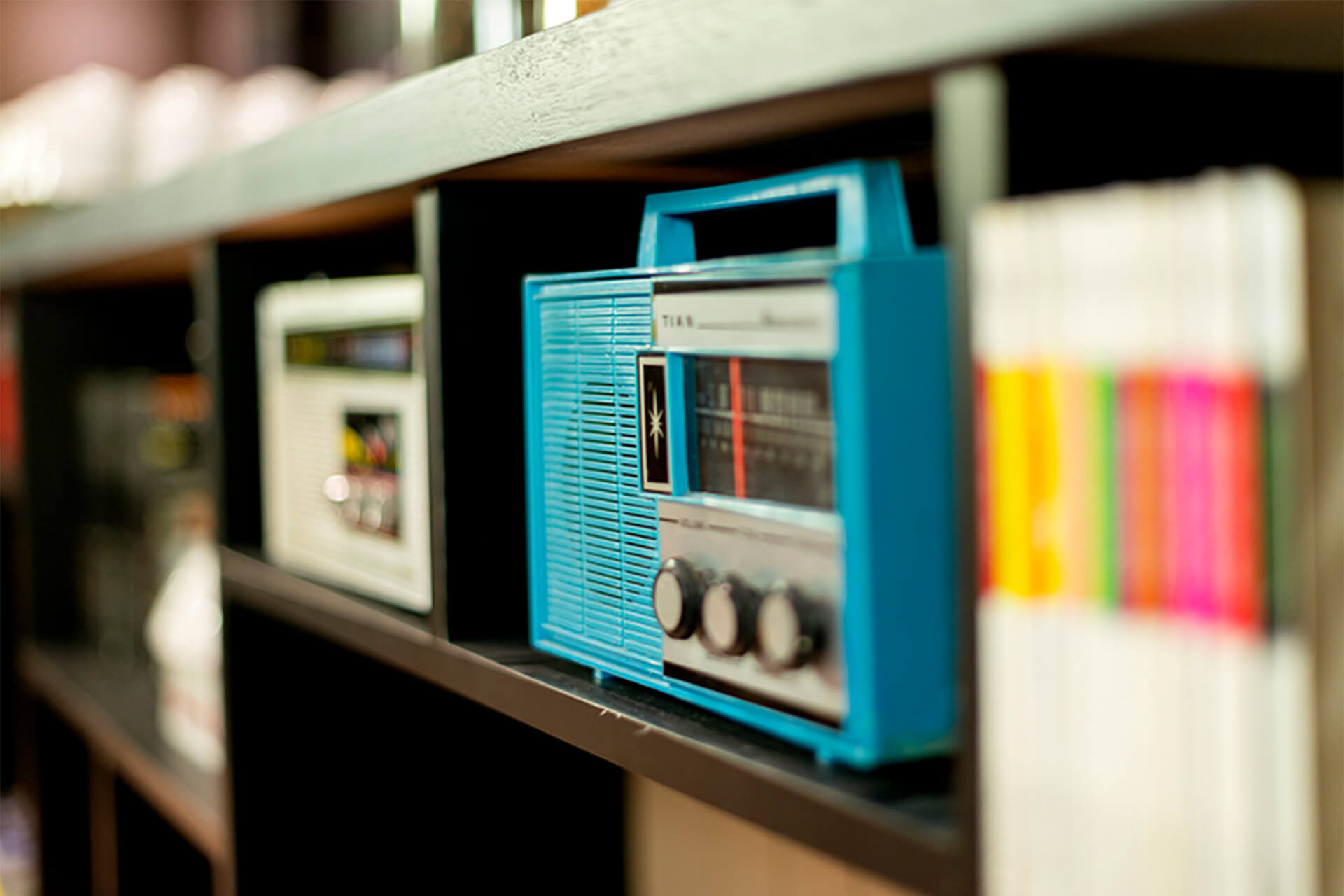 Side view of an antique blue radio